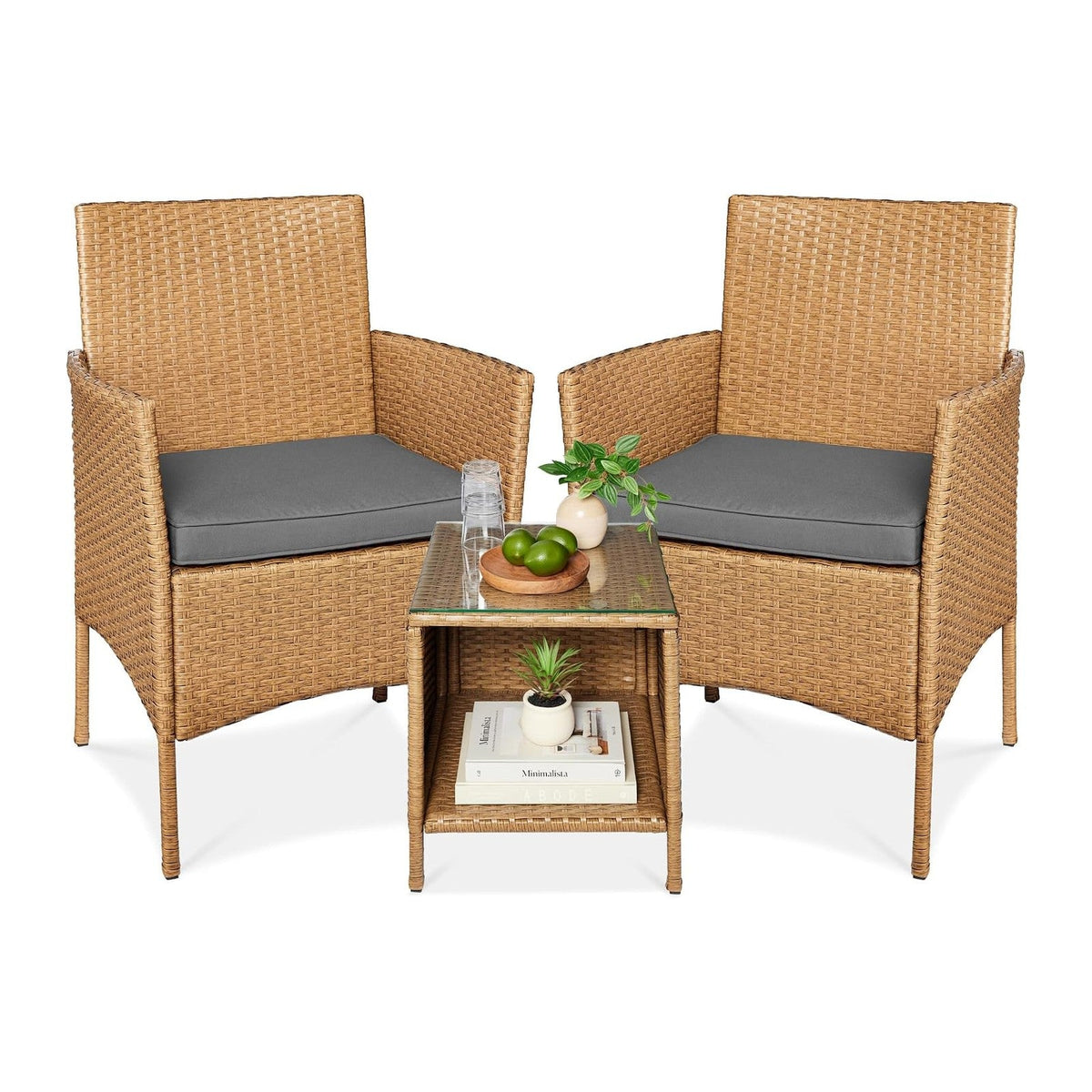 Best Choice Products 3-Piece Outdoor Wicker Conversation Bistro Set, Space Saving Patio Furniture for Garden w/Side Table - Natural/Gray