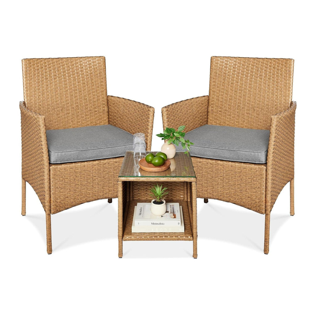 Best Choice Products 3-Piece Outdoor Wicker Conversation Bistro Set, Space Saving Patio Furniture for Garden w/Side Table - Natural/Cement Gray