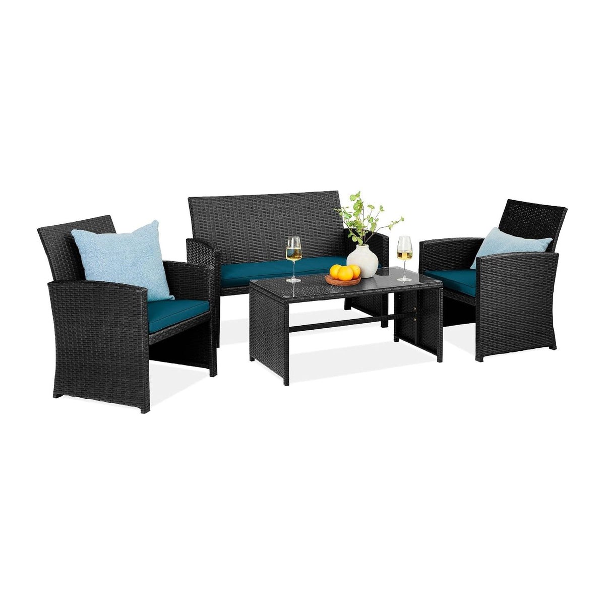 Best Choice Products 4-Piece Outdoor Wicker Patio Conversation Furniture Set for Backyard w/Coffee Table, Seat Cushions - Black/Peacock
