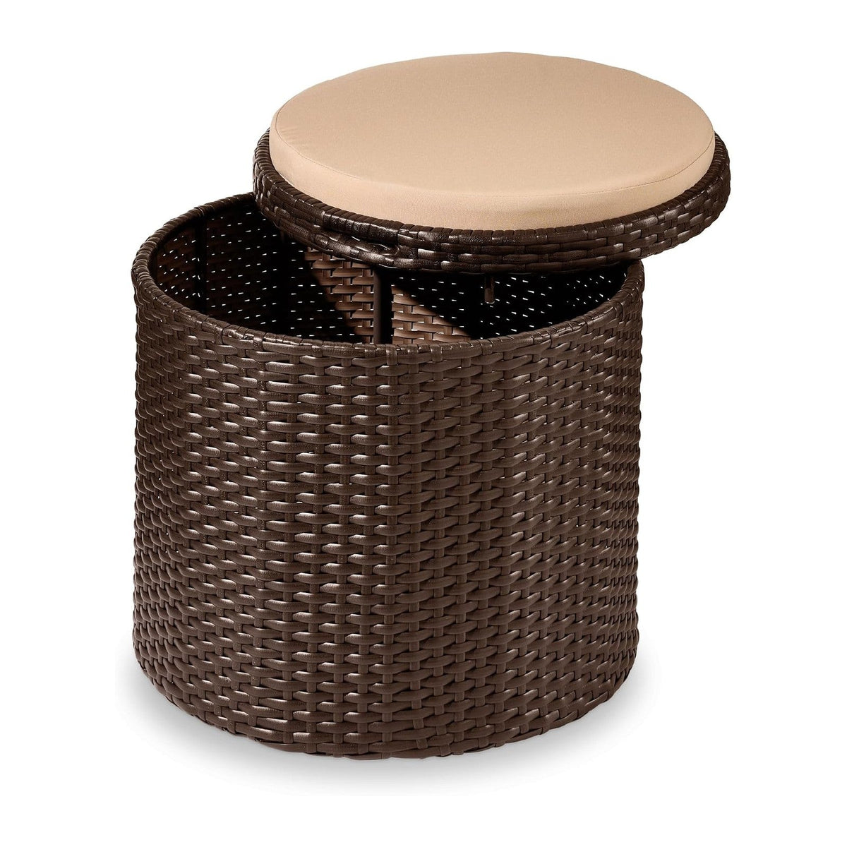 Best Choice Products Round Wicker Ottoman, Multipurpose Outdoor Furniture for Patio, Backyard, Additional Seating, Footrest, Side Table w/Storage, Removable Cushions – Brown/Beige