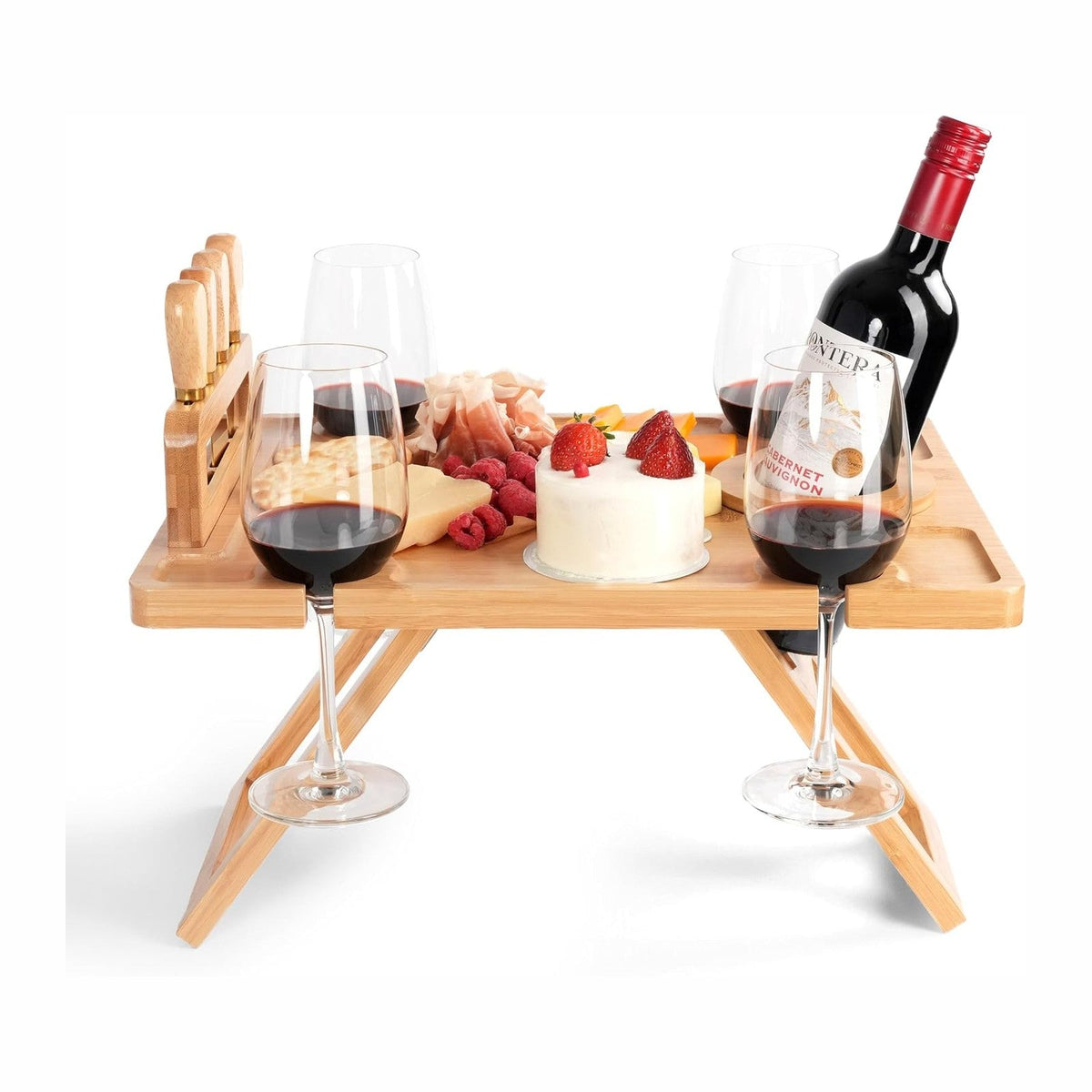 Charcuterie Picnic Table with Wine Glass Holder, Portable Wine & Cheese Board, 4-Piece Cheese Knife Set (Gold) w/Detachable Knife Stand, Bamboo Charcuterie Table, Hosting & Wine Gift