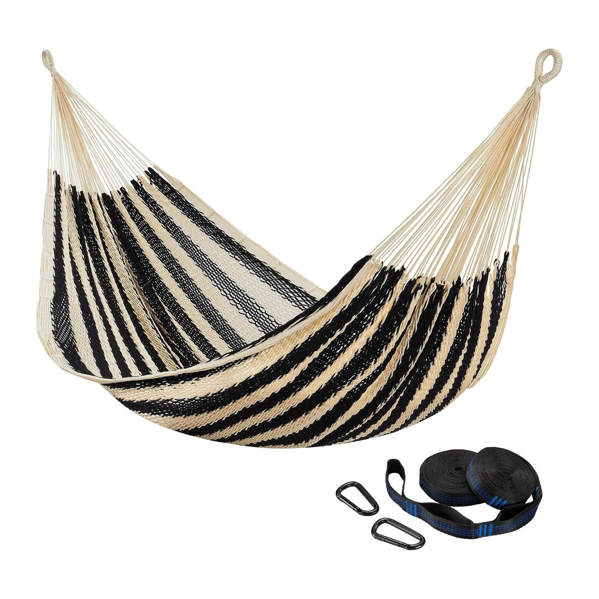 CHULIM Handwoven Mayan Hammock with 10ft Tree Straps, 550lbs Capacity Soft Rope Double Hammock, Portable Outdoor Hammock with Carry Bag for Camping Backyard Beach - Black White Stripe