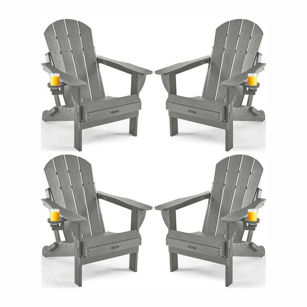 Ciokea Folding Adirondack Chair Wood Texture 4 Pack, Patio Adirondack Chair Weather Resistant, Plastic Fire Pit Chair with Cup Holder, Lawn Chair for Outdoor Porch Garden Backyard Deck (Grey)