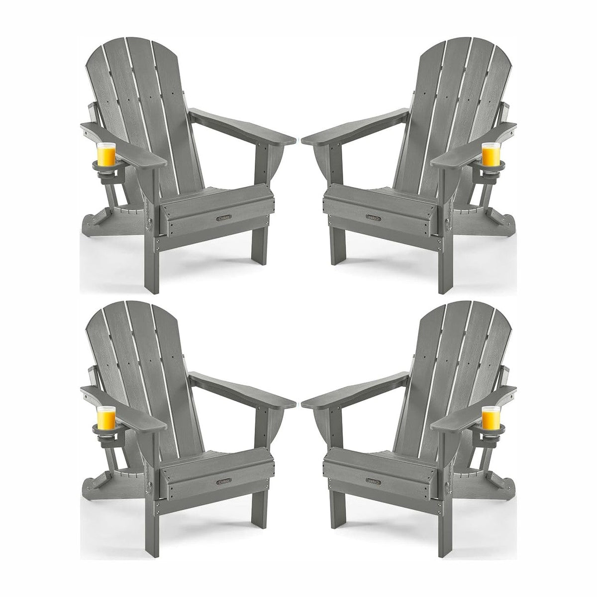 Ciokea Folding Adirondack Chair Wood Texture 4 Pack, Patio Adirondack Chair Weather Resistant, Plastic Fire Pit Chair with Cup Holder, Lawn Chair for Outdoor Porch Garden Backyard Deck (Grey)