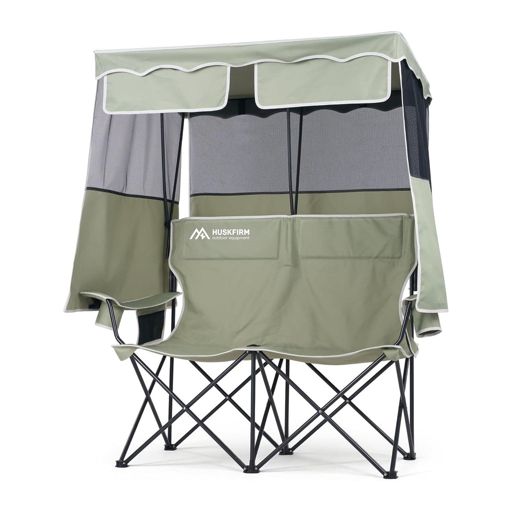 Double Camping Chair with Canopy,2 Person Folding Chair with Canopy, Green