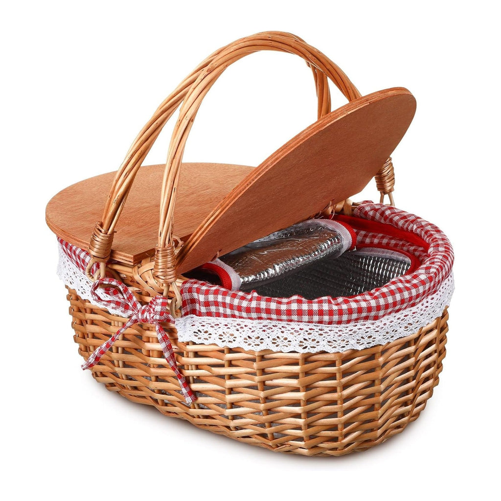 DoubleFill Wicker Insulated Picnic Basket with Lid, Cooler Bag,Red Plaid