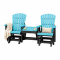 DutchCrafters Slat Fan Back Double Poly Adirondack Glider Outdoor Patio Chairs with Center Table (Black & Aruba Blue)