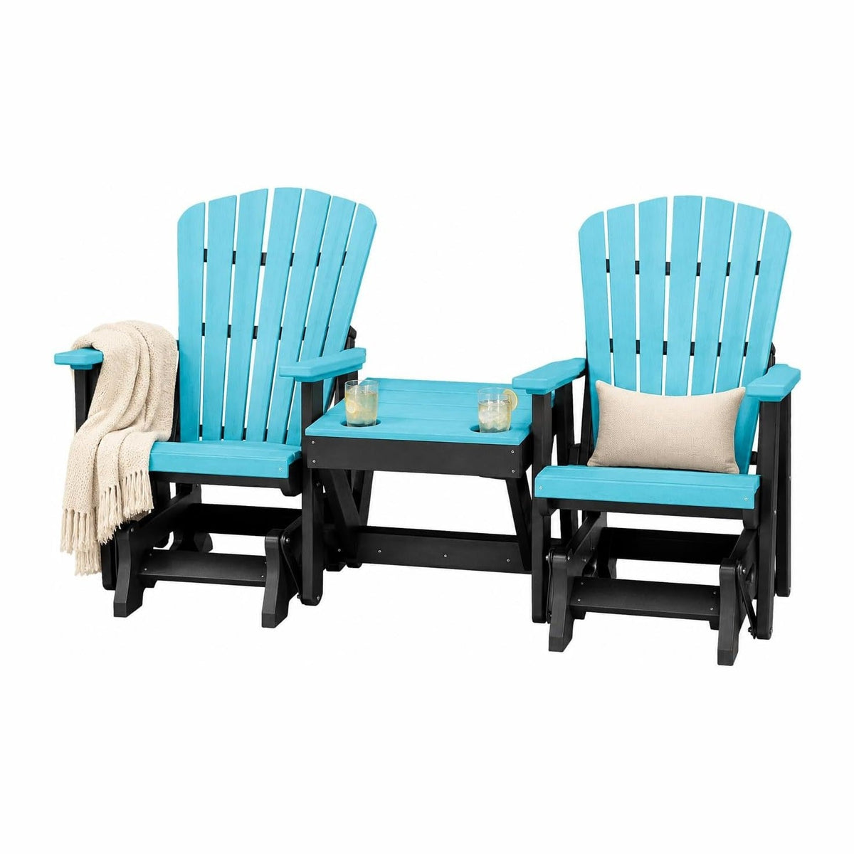 DutchCrafters Slat Fan Back Double Poly Adirondack Glider Outdoor Patio Chairs with Center Table (Black & Aruba Blue)