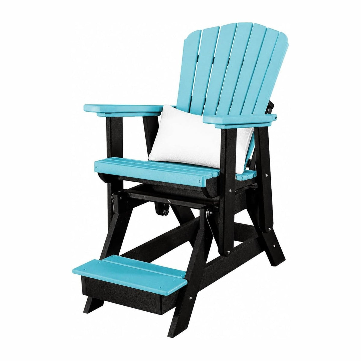 DutchCrafters Slat Fan Back Poly Balcony Adirondack Glider with Footrest Outdoor Patio Chair (Black & Aruba Blue)