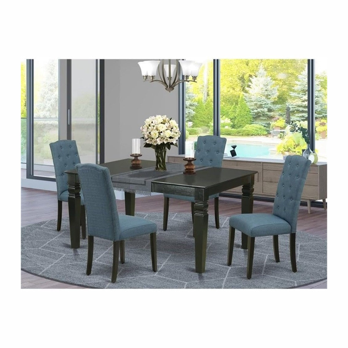 East West Furniture WECE5-BLK-21 5 Piece Dining Room Set Includes a Rectangle Wooden Table with Butterfly Leaf and 4 Mineral Blue Linen Fabric Parson Dining Chairs, 42x60 Inch, Black