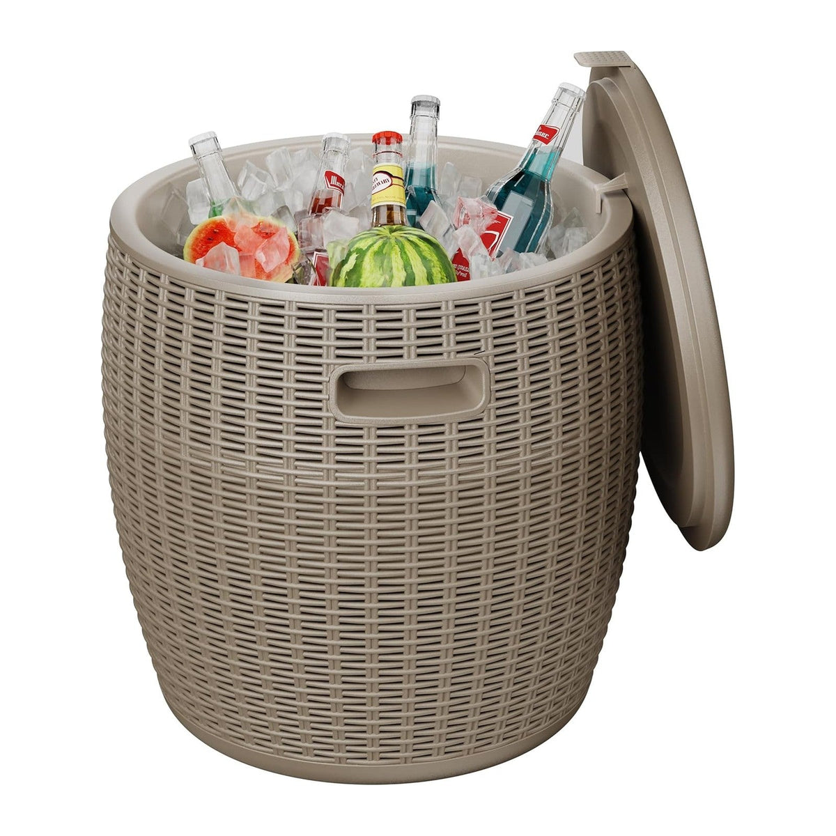 EasyUp 9.5 Gallon Outdoor Cooler Table, Wicker Round Ice Bucket for Parties, Rattan Bar Table with Top Lid Side Handles Drainage Plug, Beer Wine Cooler Side Tables for Patio, Poolside, Deck, Grey