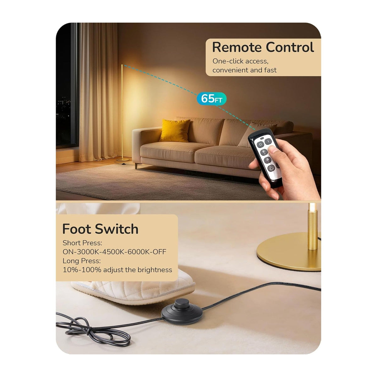 EDISHINE 59.8" Corner Lamp with Remote & 3 Height Settings, Dimmable & 3CCT