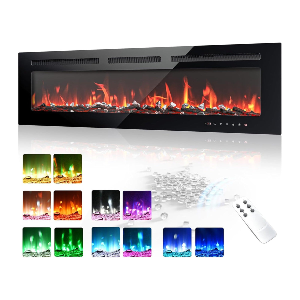 EUHOMY 50 Inch Electric Fireplace Wall Recessed and Wall Mounted with Adjustable Flame Color, Fireplace Heater with Remote Control, Linear Fireplace with Timer, Touch Screen, Log & Crystal, 750/1500W