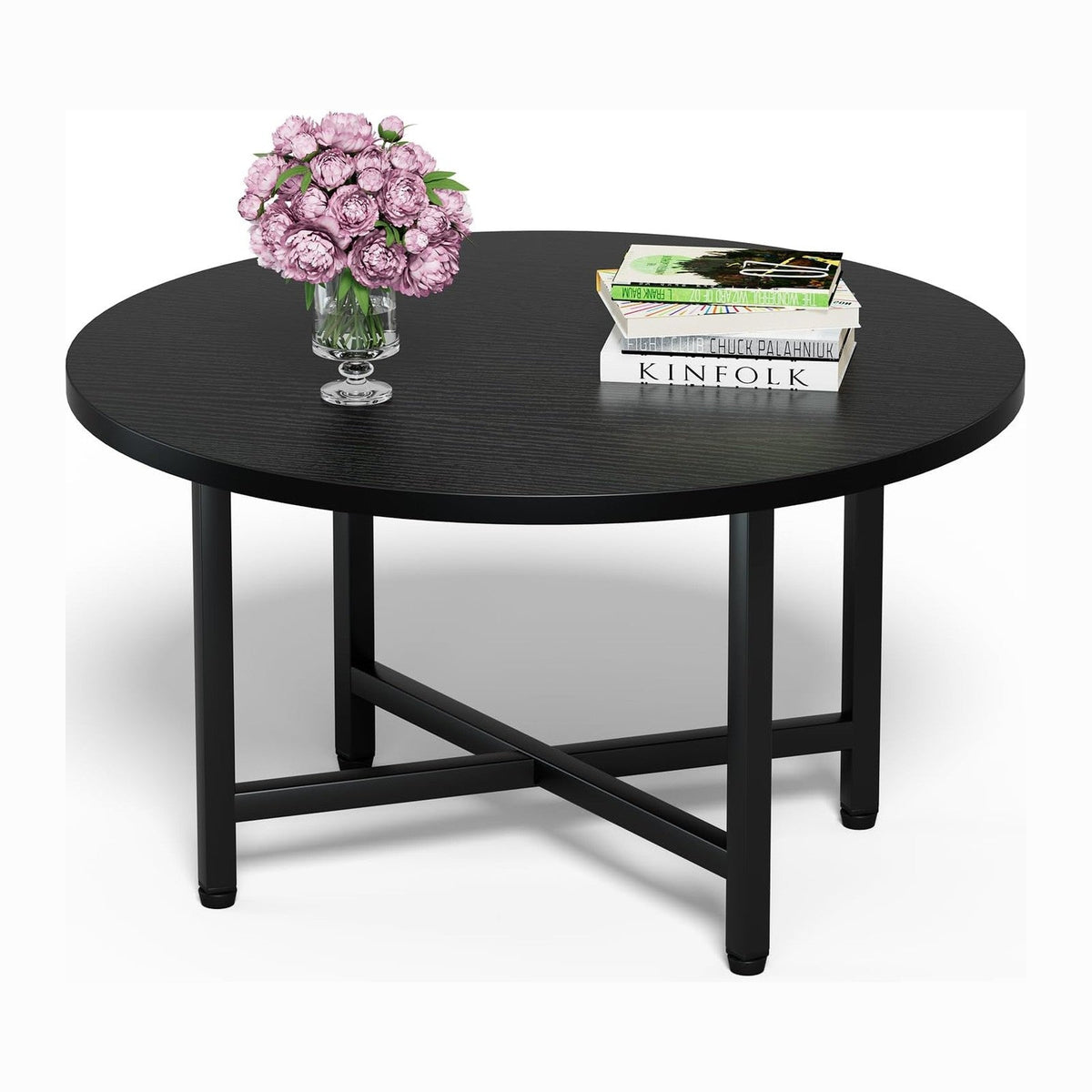 FAMIDGE Coffee Table, 23.6" Round Coffee Table, Black Living Room Tables
