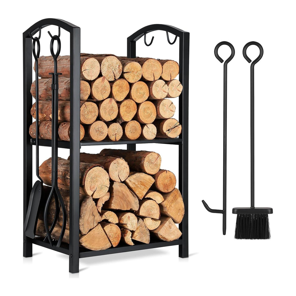 FEED GARDEN Firewood Rack Log Holder with 4-Piece Fireplace Tool Set, 29" H