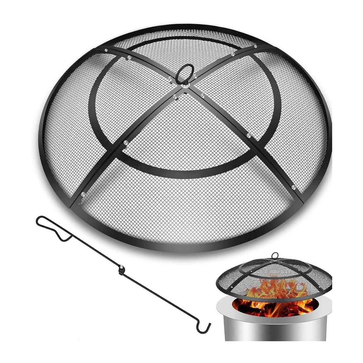 Fire Pit Spark Screen,22 Inch Fire Pit Screen Cover Outdoor with Handle&Poker,Firepit Screens Round Cover Mesh Replacement Heavy-Duty Steel Fire Pit Cover for Backyard/Beach/RV Camping