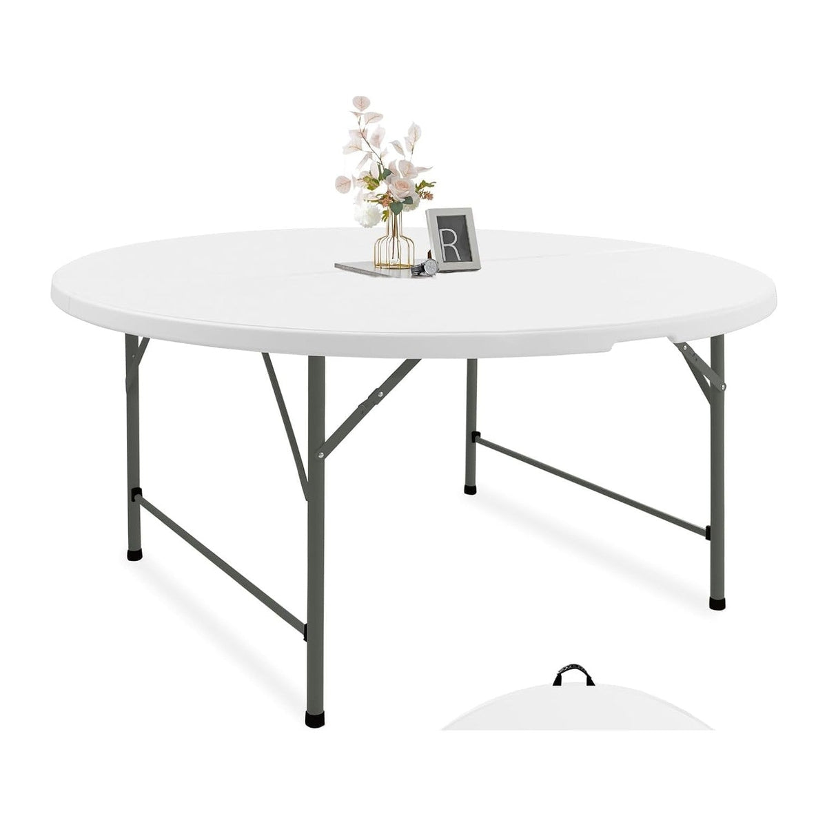 Fivenl Round Folding Tables White Foldable Table, Fold-in-Half with Carrying Handle Portable Plastic Table for Party, Dining, Wedding, Camping, Picnic, Indoor Outdoor Events (1, White, 4 FT)