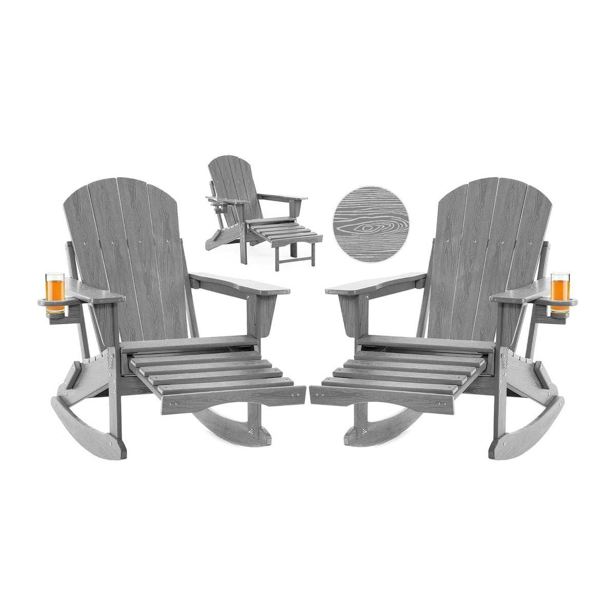 Folding Adirondack Rocking Chair Set of 2,4-in-1 Multifunctional Patio Chairs with Retractable Ottoman, Outdoor Chairs Wood Texture, Lawn Chair for Porch, Backyard, Pool(Grey)