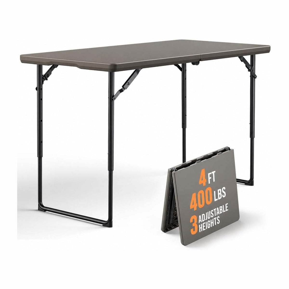 Folding Table 4FT Heavy Duty Plastic Table with Handle, Foldable&Portable, Fold-in-Half Utility Tables for Outdoor, Dining, Wedding, Events, Indoor, Picnic, Camping, Party, Khaki