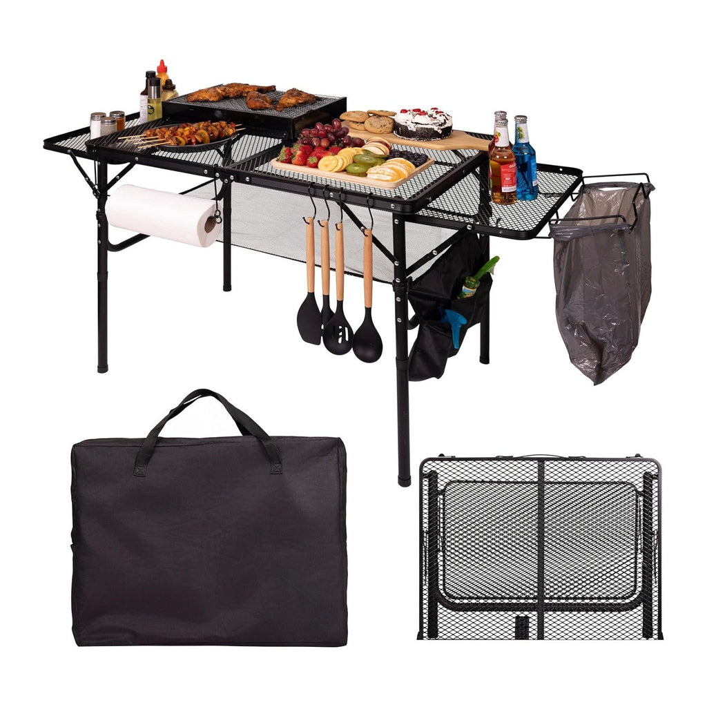 Folding Table w/ Carry Bag, Paper Towel Holder, Garbage Holder, Wing Panels, 3x2 FT Foldable Table for Portable Grill, Picnic, Outdoor, Beach, Small Folding Table Adjustable Height,Camping Table, BBQ