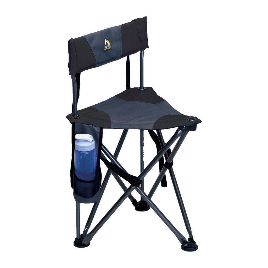 GCI Outdoor Quik-E-Seat | Portable, Folding Tripod Chair with Drink Holder and Padded Lumbar Support — Black