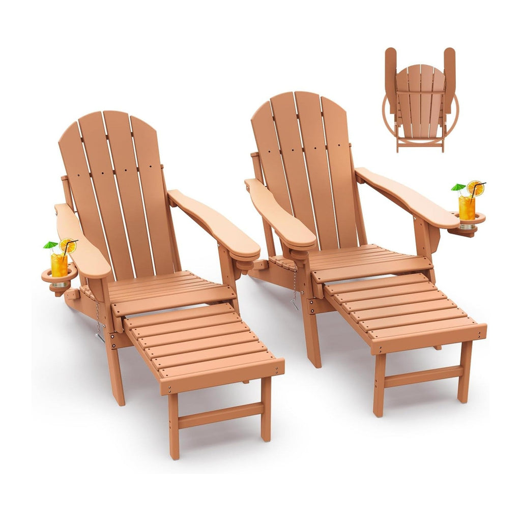 GREENVINES Adirondack-Chairs-with-Ottoman Set of 2, Folding，HDPE, Teak