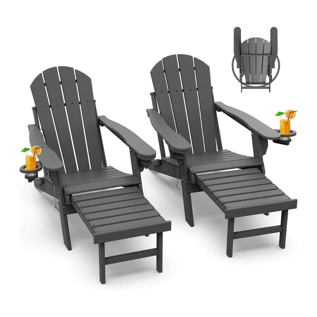 GREENVINES Folding Adirondack-Chairs-with-Ottoman Set of 2, HDPE, Grey