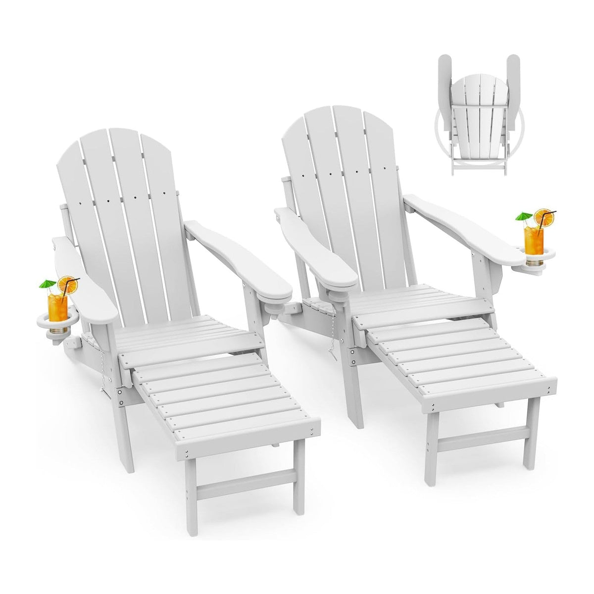 GREENVINES Folding Adirondack-Chairs-with-Ottoman Set of 2, HDPE, White