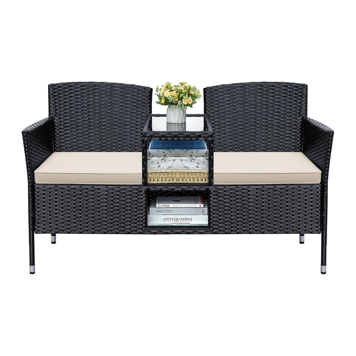 Greesum Patio Loveseat Outdoor Wicker Furniture Conversation Set,Beige