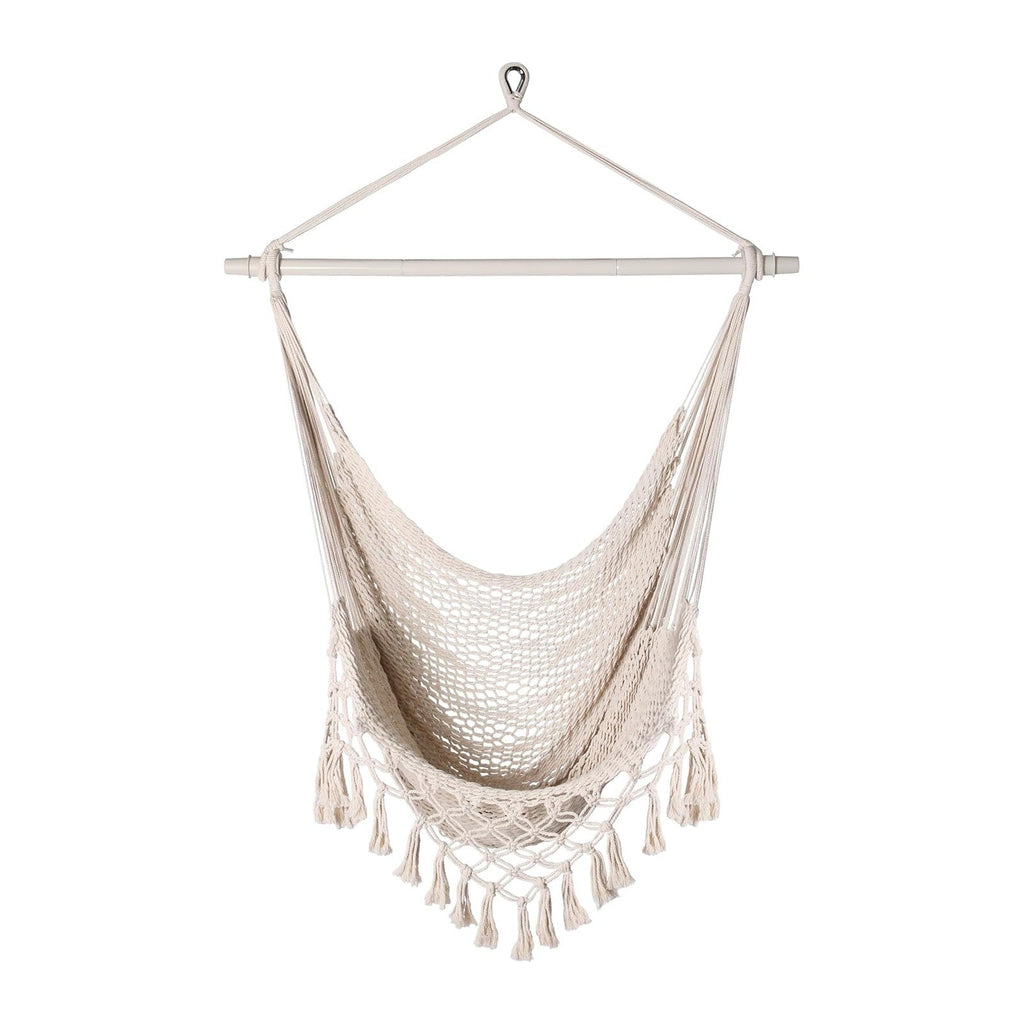 Handwoven Cotton Rope Hammock Chair with Metal Spreader Bar, Boho Hanging Chair Bedroom, Indoor Outdoor Swing Chair with Tassle, SandyBeach White