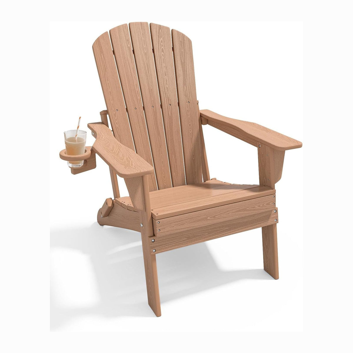HDPE Folding Adirondack Chair with Cup Holder, Cedar