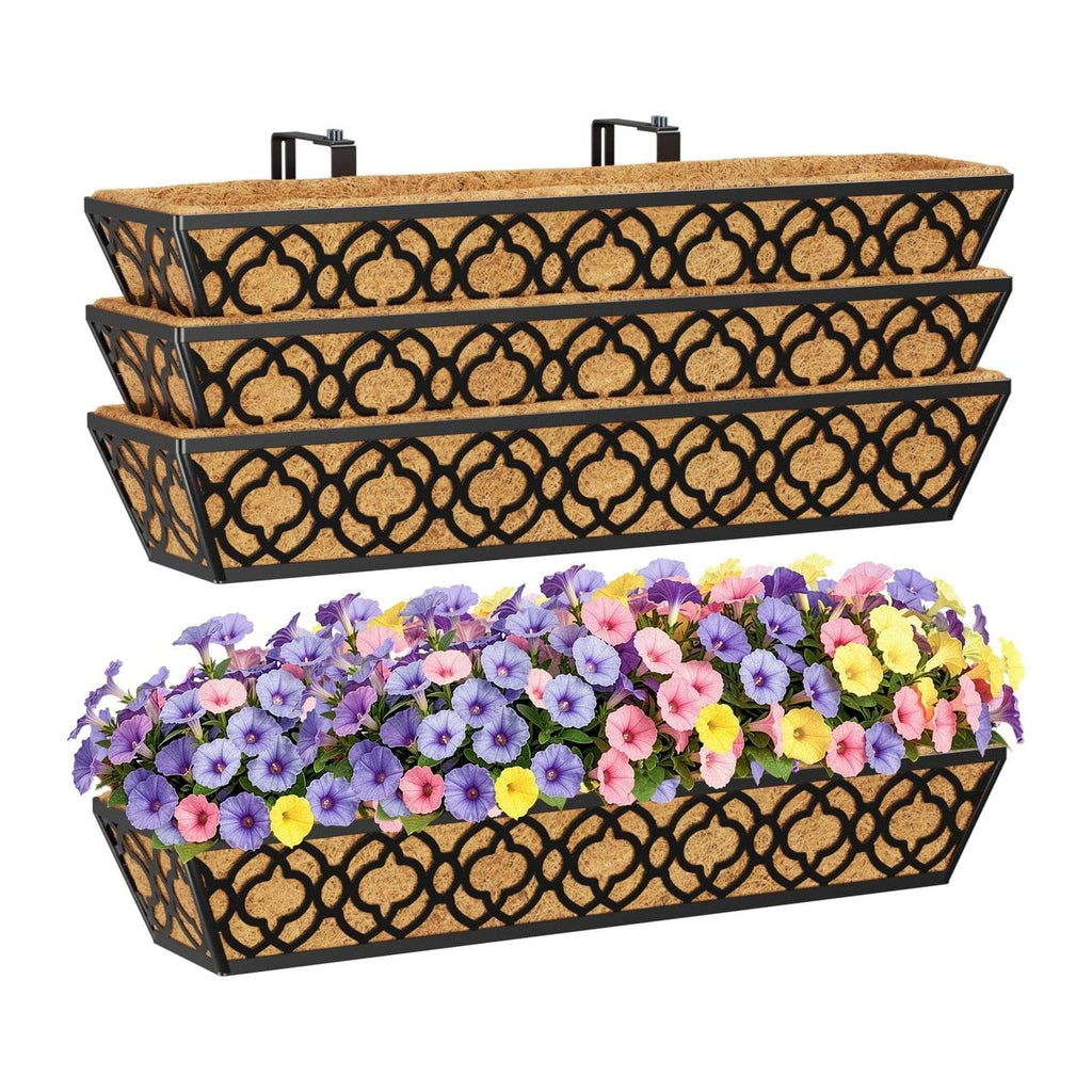 HFHOME 4 Pcs 30" Window Box Deck Railing Planter Box with Horse Trough Coco Liners, Black Metal Hanging Flower Planters Baskets for Indoor, Outdoor, Balcony, Porch, Fence, Patio, and Lawn