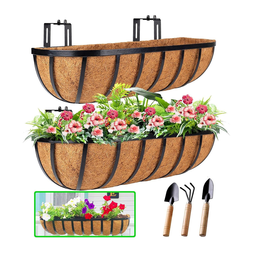 HKZ Deck Balcony Railing Planter Window Boxes - 2 Pack 24 Inch Planter Box, Balcony Planters Railing Hanging, Window Boxes Outdoor Fence Planters