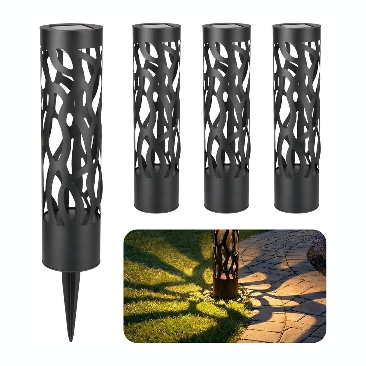 Home Zone Living Secure Solar Bollard Pathway Lights, 4-Pack, Black, 4"x16"