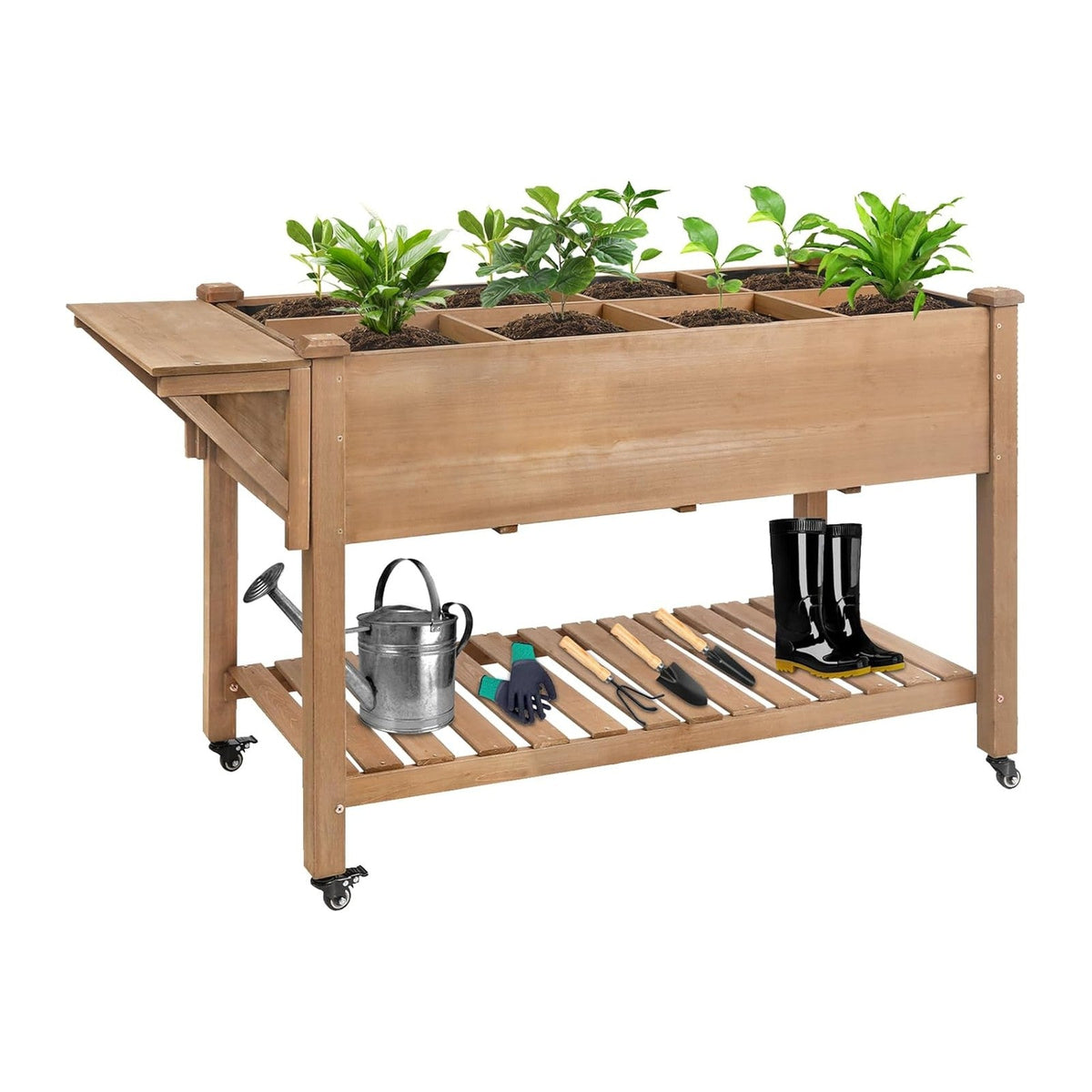 ketive Raised Garden Bed with Lockable Wheels Mobile Elevated Wood Planter,Storage Shelf, Protective Liner,55.5x24x32in (Brown)