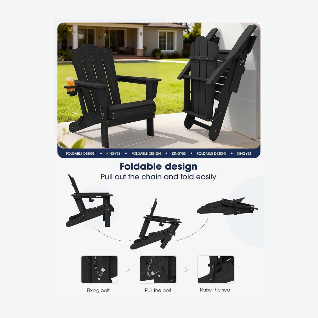 KINGYES Folding Adirondack Chair, All-Weather HDPE Material, Black, 8 Pack (4 Pack)