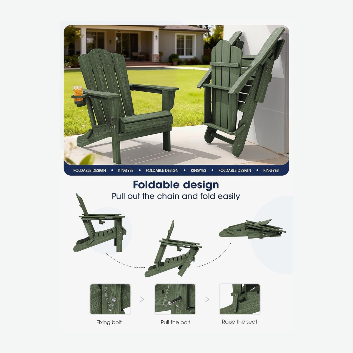 KINGYES Folding Adirondack Chair Set of 2 with Cup Holder, Avocado