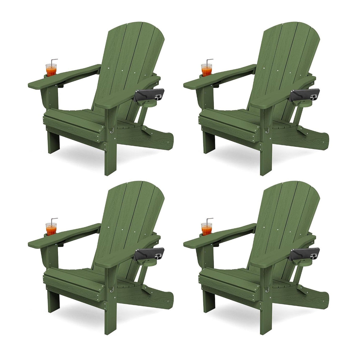 KINGYES Folding Adirondack Chair Set of 4 with 2 Cup Holders, Avocado