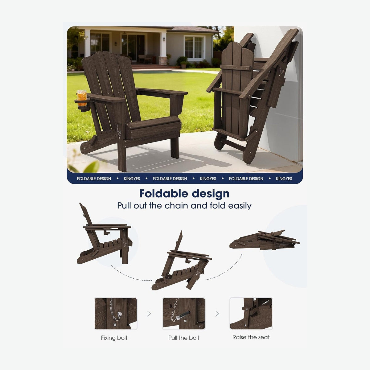 KINGYES Folding Adirondack Chair Set of 6 with Cup Holder, Coffee