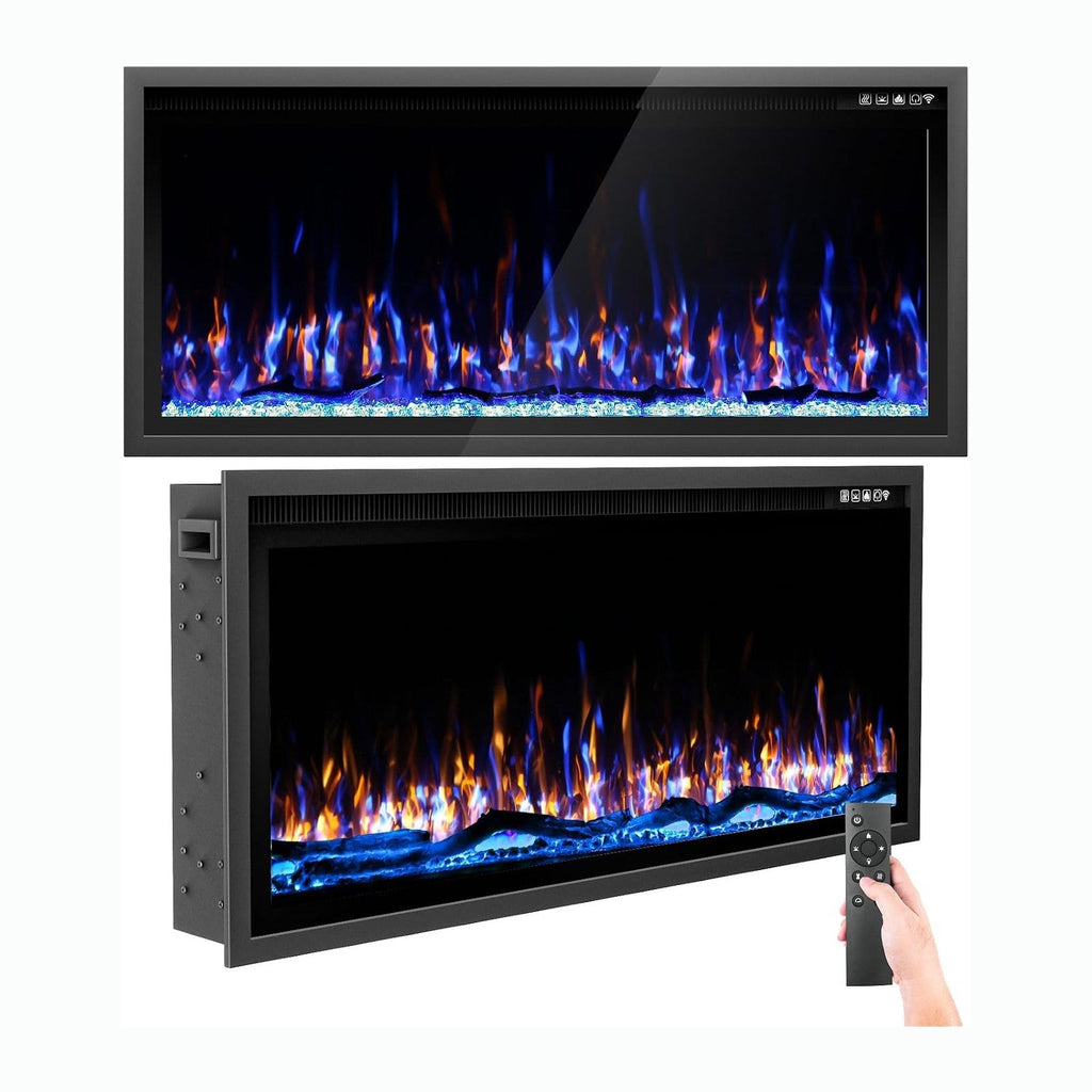 Kucreiheat 42 Inch Electric Fireplace Aluminum Frame-Ultra Silm Fireplace Recessed/Wall Mount, Log, Driftwood & Crystal Option, Wall Fireplace Electric w/Remote Control, Thermostat, Timer, 750w/1500w