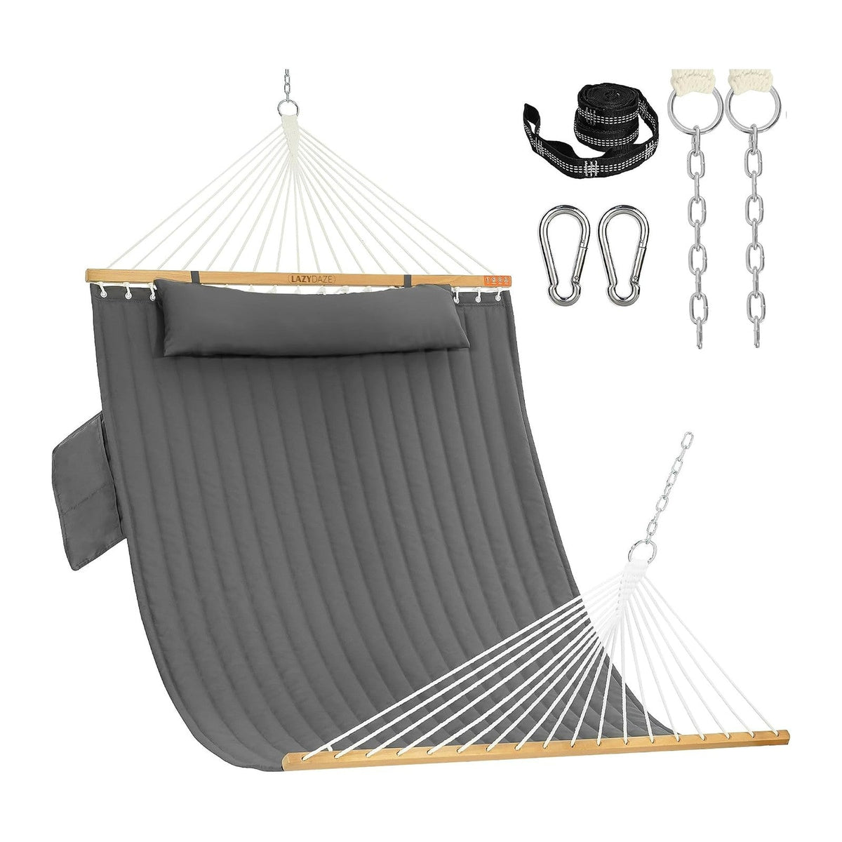 Lazy Daze Double Hammock with Pillow & Tree Straps for Outside, Grey