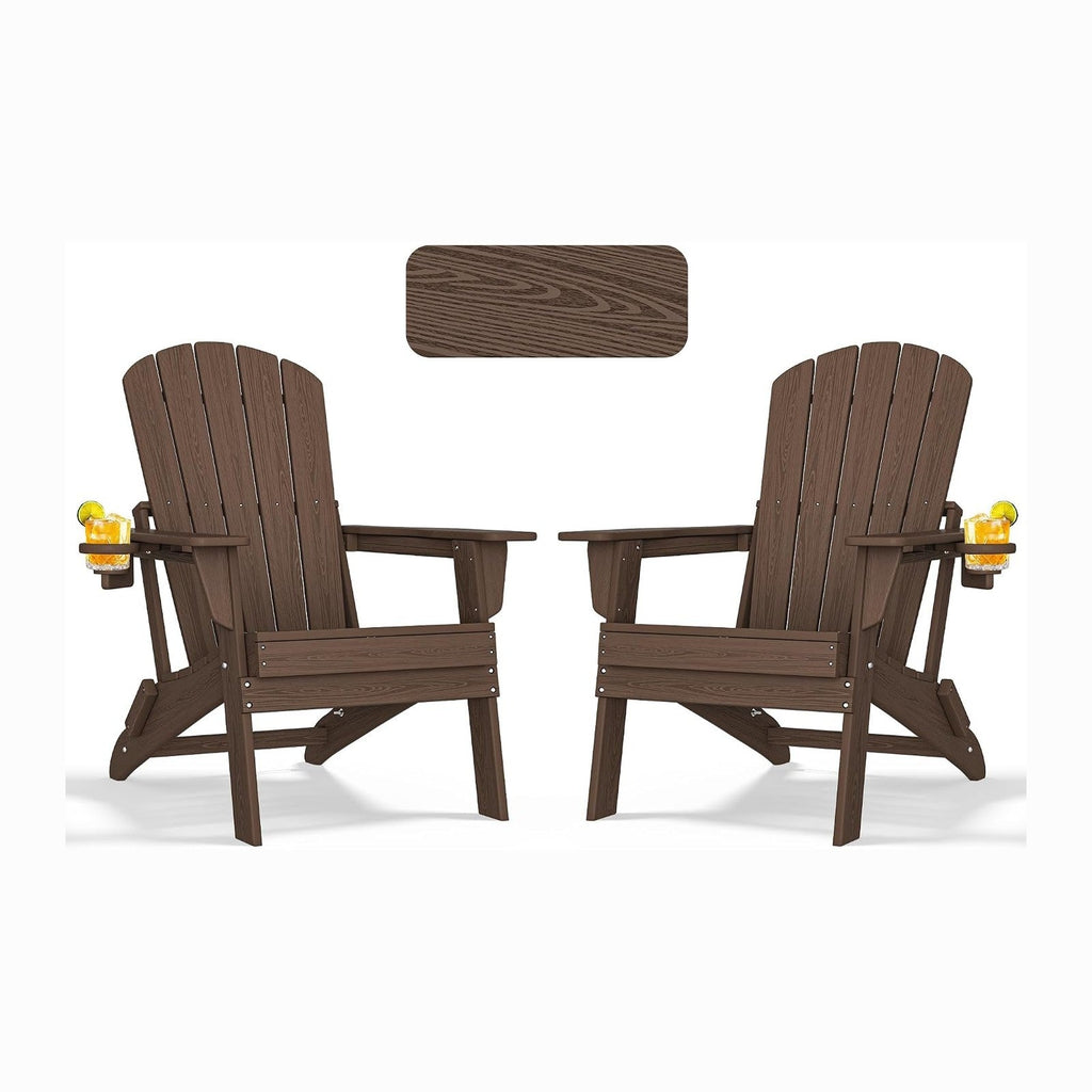 nevilywood Folding Adirondack Chairs Set of 2, HDPE Cup Holders, Coffee