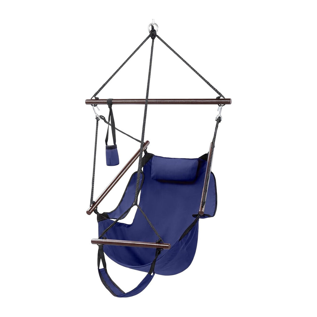 ONCLOUD Sky Chair, Deluxe Hanging Hammock Air Chair Swing Seat with Pillow, Drink Holder, Solid Wood Weather Resistant for Indoor/Outdoor Yard Garden Tree Patio Porch, 250 LBS (Navy Blue)