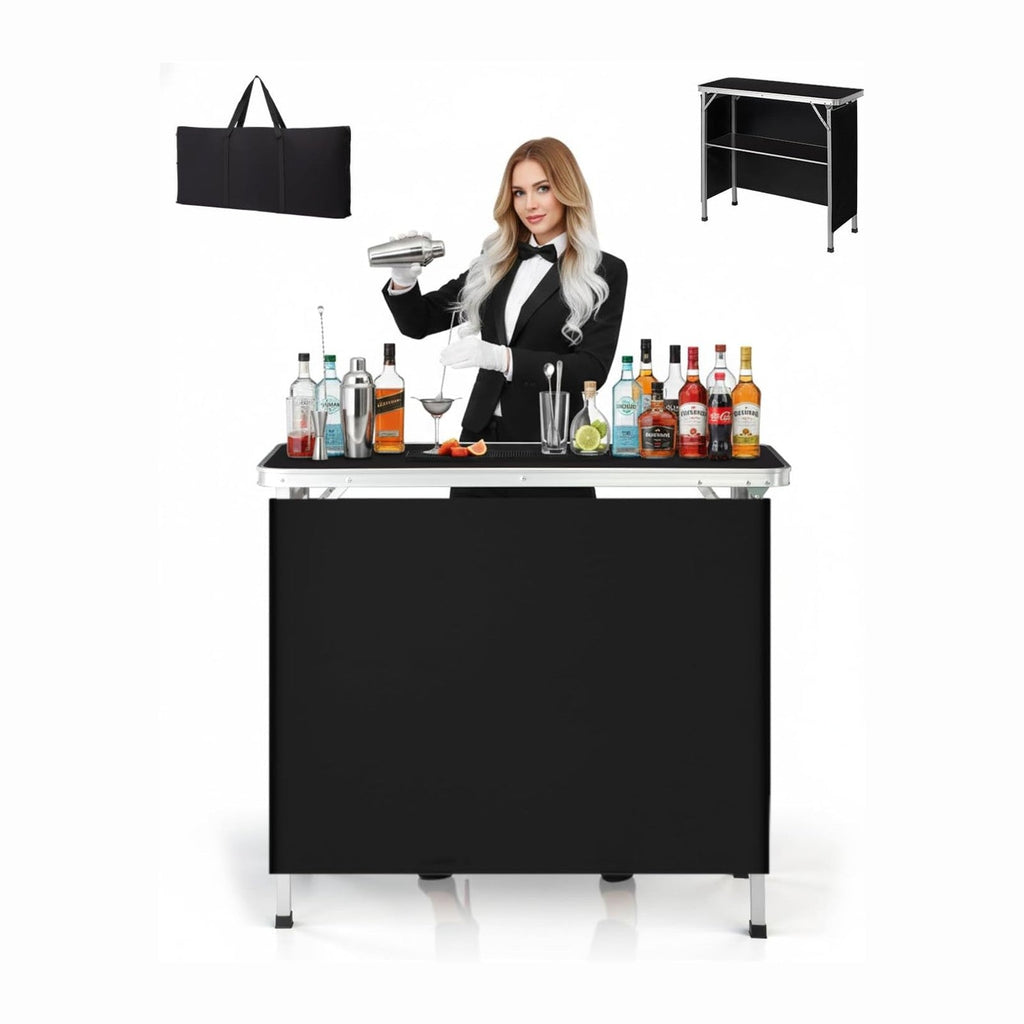 Outvita Portable Bar Table with 2 Tier Shelves & Black Skirt for Party