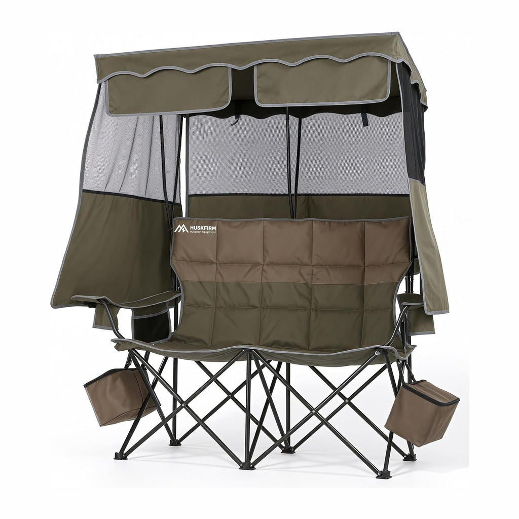 Padded Double Camping Chair With Canopy,Folding Chair Support 450LBS, Green