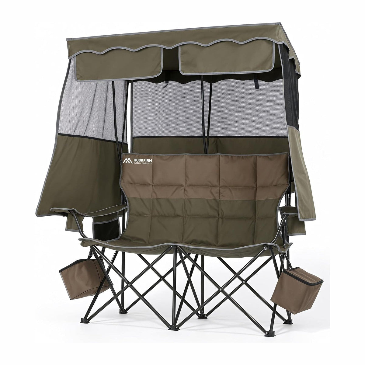 Padded Double Camping Chair With Canopy,Folding Chair Support 450LBS, Green