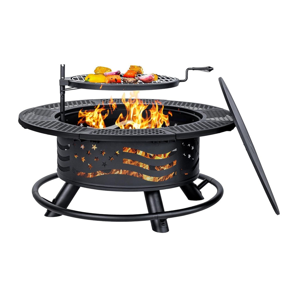 Panovue 36 Inch Fire Pit with 2 Cooking Grates, Grill Fire Pit with Lid