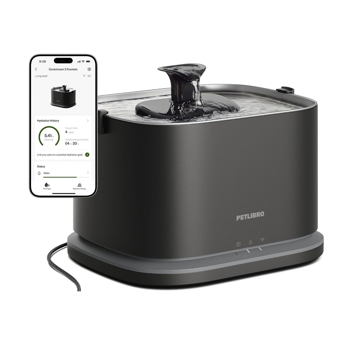 PETLIBRO Upgrade Cat Water Fountain Stainless Steel Tray, Dockstream 2 Cat Fountain Indoor, 3L/101oz Auto Cat Fountains for Drinking, App Monitoring Pet Water Fountain Dog, 5G WiFi Cat Water Dispenser