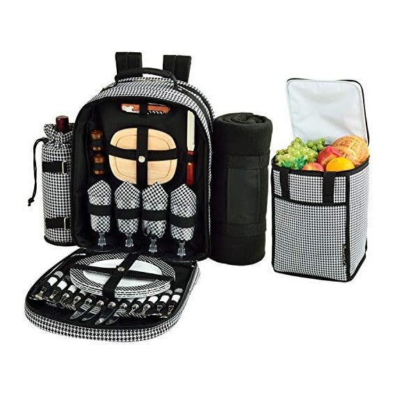 Picnic at Ascot Original Equipped Backpack for 4 with Blanket - Extra Bonus Cooler - Designed & Assembled in California - Houndstooth