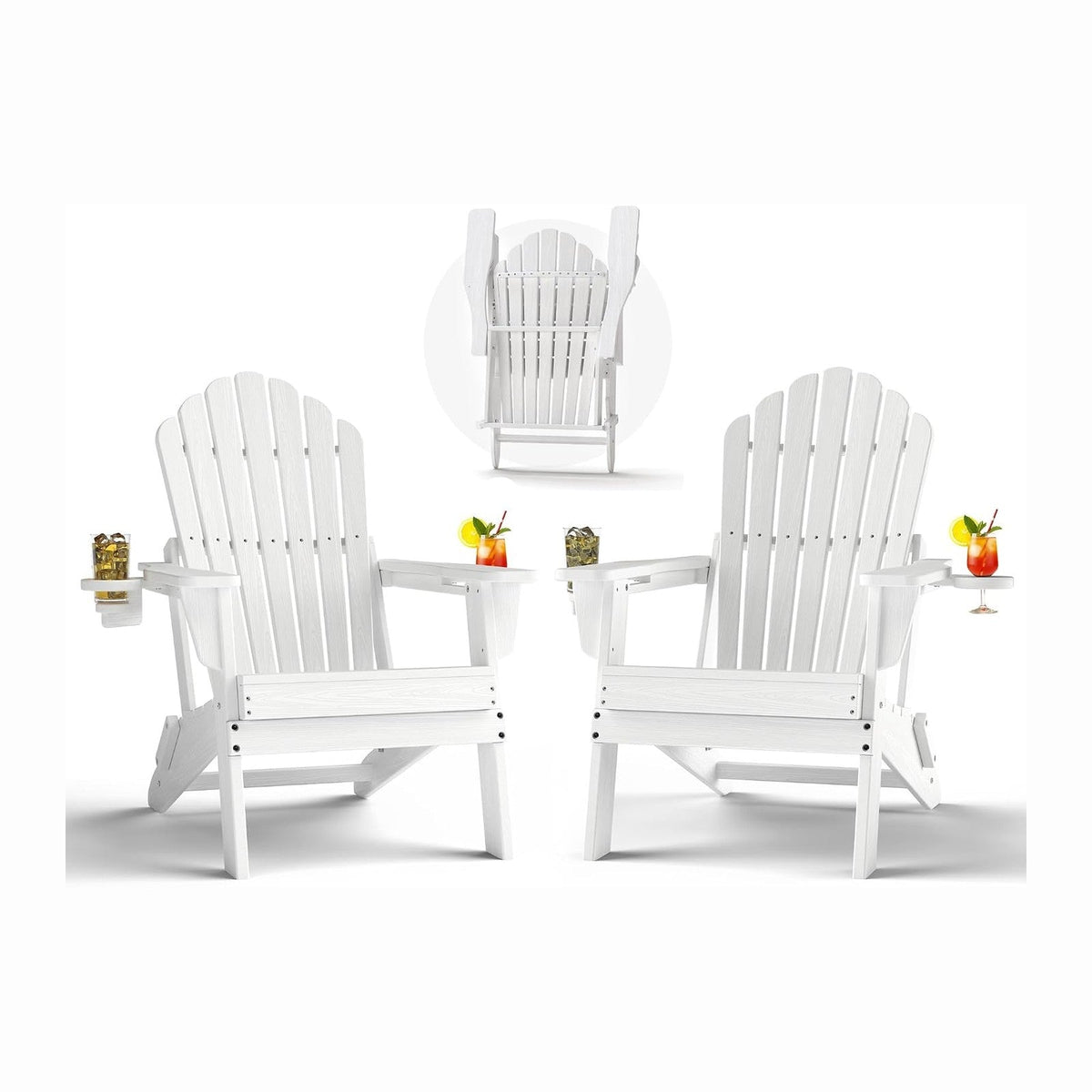Plawdlik Oversized Folding Adirondack Chair, HDPE All-Weather Patio Chair with 2 Cup Holders, High Back Wide Seat Fire Pit Chair for Outdoor Lawn Garden, White (Set of 2)